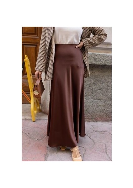 Kahve Yandan Gizli Fermuarlı Beli Lastikli Saten Etek modelleri