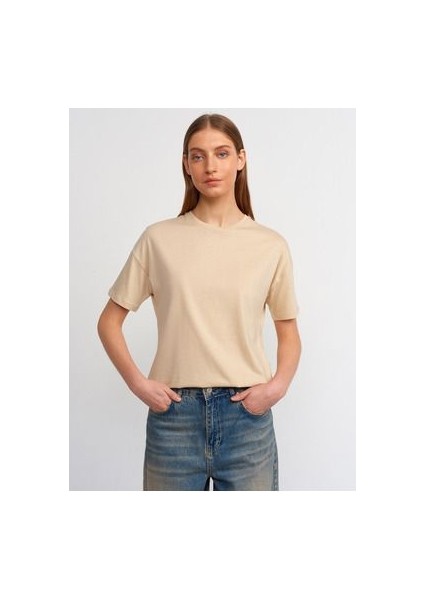 3683 Bisiklet Yaka Basic T-Shirt-A.bej