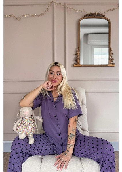 Lila Blush Dots Desenli Bambu Önden Düğmeli Kısa Kol Pijama Takımı fiyatları