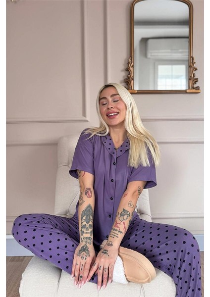 Lila Blush Dots Desenli Bambu Önden Düğmeli Kısa Kol Pijama Takımı indirimleri