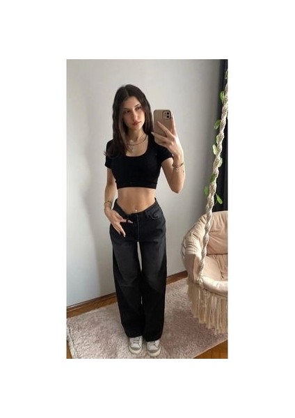 Kadın Siyah Yıkamalı Wide Leg Baggy Jean Dokuma Kumaş Geniş Paça Model modelleri