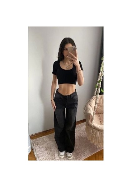 Kadın Siyah Yıkamalı Wide Leg Baggy Jean Dokuma Kumaş Geniş Paça Model fırsatları