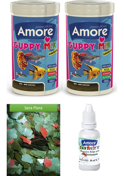 Guppy Mix Granules 2x250ml Kutu, Sera Flora 30gr Pul Lepistes Tropikal Balık Yemi, Vitamin