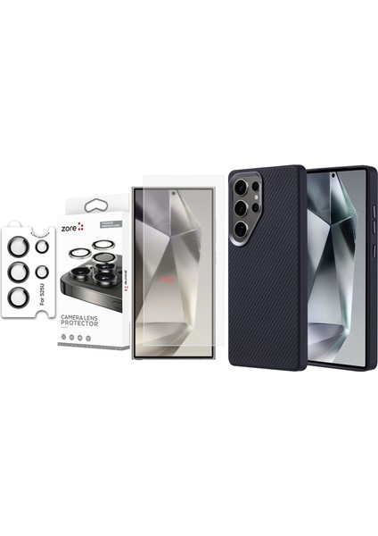 Galaxy S25 Ultra Kılıf Magsafe Şarj Özellikli Karbon Fiber Görünümlü Zore Troy Kapak + Kamera Lens + Nano Ekran Koruyucu