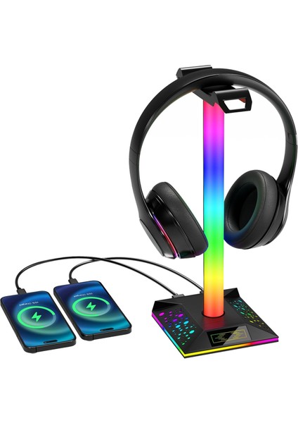 Oyun Kulaklık Standı Rgb Işık Çift USB Bağlantı Noktalı 3.5mm Ses Dokunmatik Kulaklık Standı Işık (Yurt Dışından)