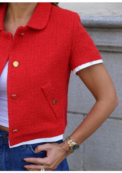 Kırmızı Parça Detay Kısa Kol Tüvit Ceket fiyatları