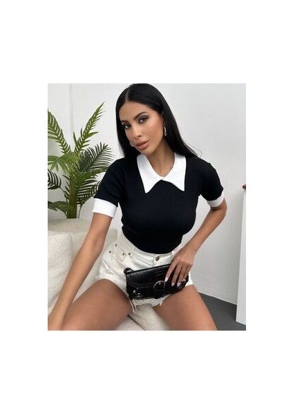 Kadın Siyah Polo Yaka Fitilli Örme Bluz