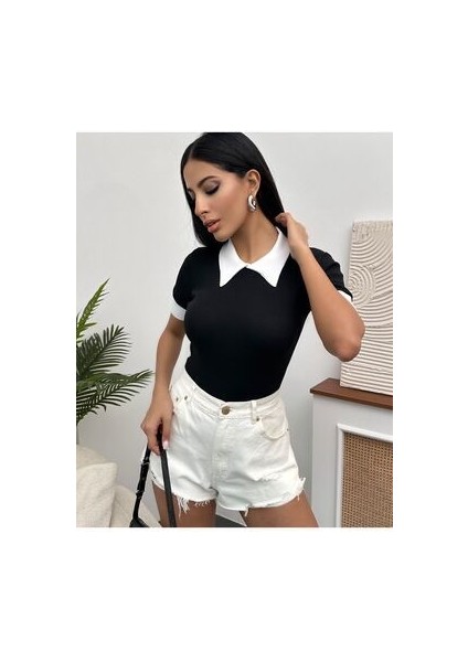 Kadın Siyah Polo Yaka Fitilli Örme Bluz modelleri