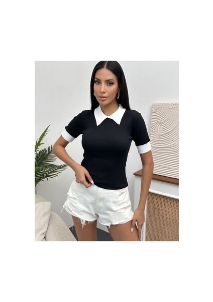 Kadın Siyah Polo Yaka Fitilli Örme Bluz fırsatları
