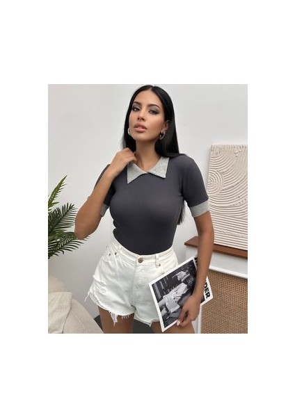 Kadın Antrasit Polo Yaka Fitilli Örme Bluz modelleri
