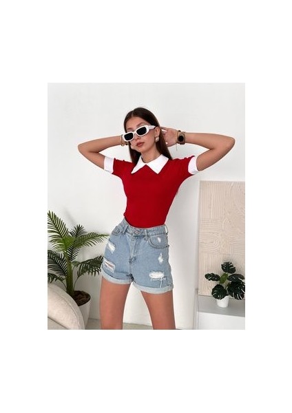 Kadın Kırmızı Polo Yaka Fitilli Örme Bluz