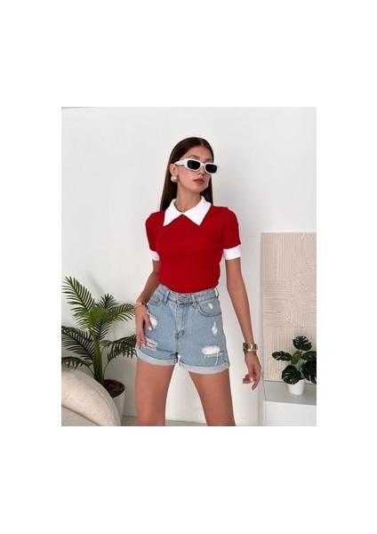 Kadın Kırmızı Polo Yaka Fitilli Örme Bluz fiyatları