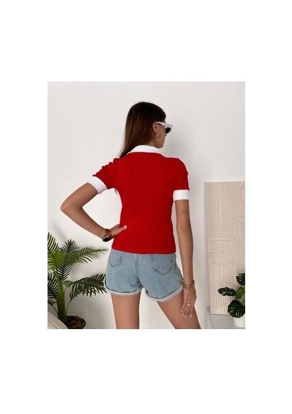 Kadın Kırmızı Polo Yaka Fitilli Örme Bluz modelleri