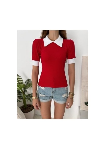 Kadın Kırmızı Polo Yaka Fitilli Örme Bluz fırsatları