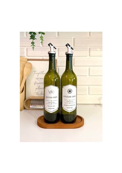 Ahşap Stantlı Amber 2'li 750 ml Zeytinyağı Sıvıyağ Şişesi Yağdanlık Yağlık