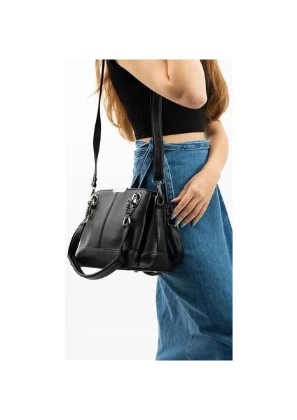 Hakiki Deri Lüks Model Günlük Şık Kadın Omuz El ve Postacı Çanta (Siyah %100 Deri Çanta)