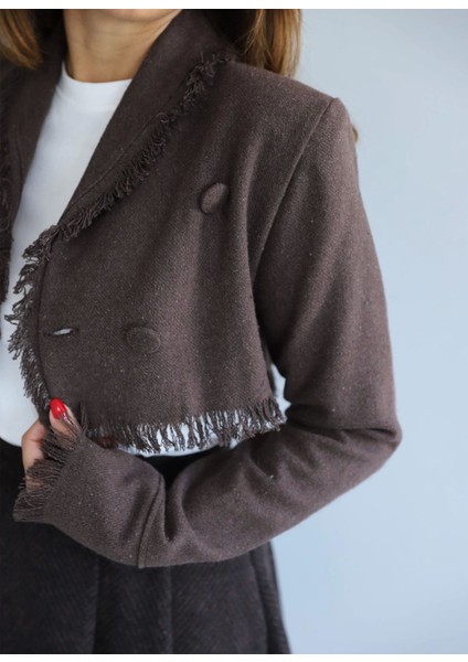 Kahverengi Kenarları Püsküllü Crop Ceket modelleri