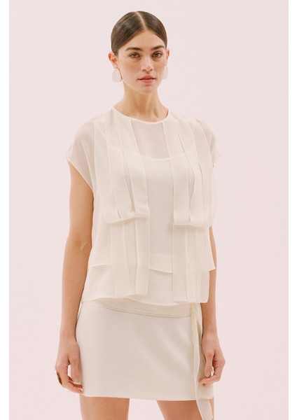 Düşük Omuz Şifon Detaylı Bluz Ekru Y2513021_049