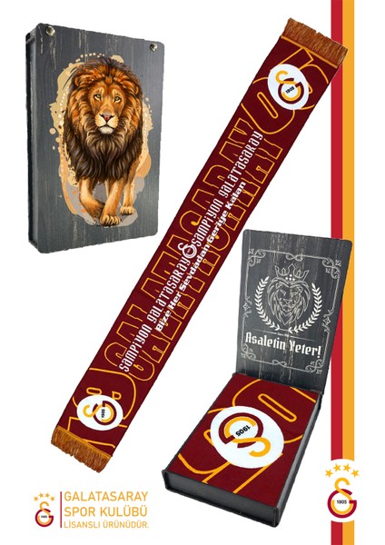 Lisanslı Akrilik Şampiyon Galatasaray Atkı Aslan Baskılı Ahşap Kutulu