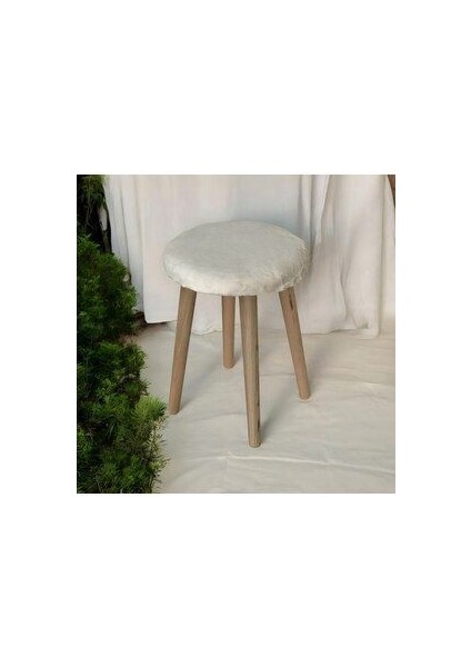 Gürgen Ahşap Retro Ayak Dekoratif Krem Pelüş Puf Tabure Bench Koltuk Sandalye