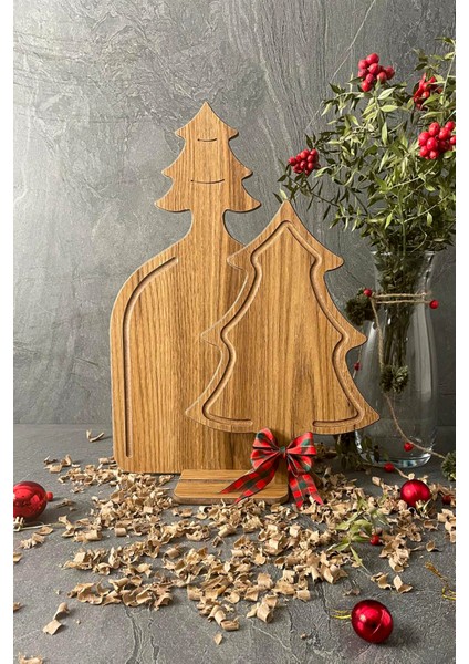 Pagoda Çam Ağacı Serisi Sunum Kesme Tahtası ve Stand 3 Parça Ahşap Görünümlü 8 mm Mdf