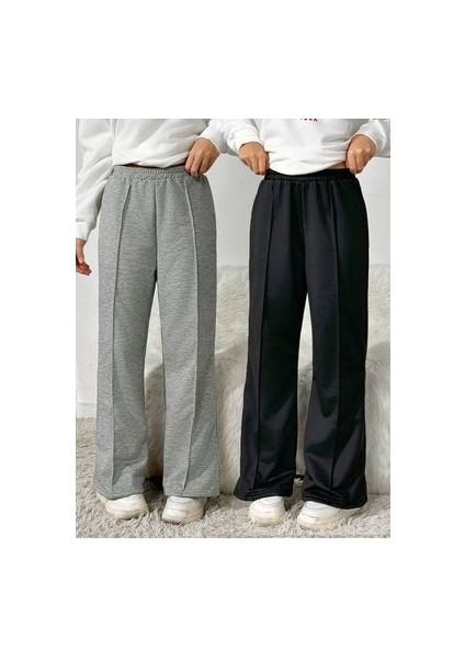 2 Adet Bol Paça Siyah Gri Kadın Eşofman Altı