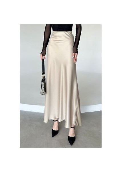 Kadın Şık Saten Kemeri Lastikli Maxi Boy A Line Etek