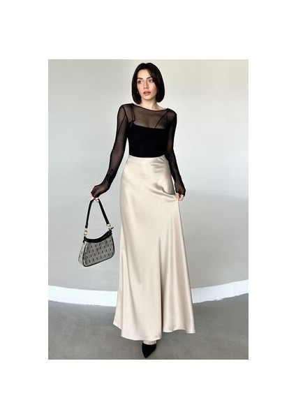 Kadın Şık Saten Kemeri Lastikli Maxi Boy A Line Etek fiyatları