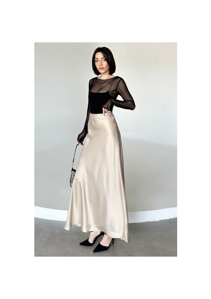 Kadın Şık Saten Kemeri Lastikli Maxi Boy A Line Etek modelleri