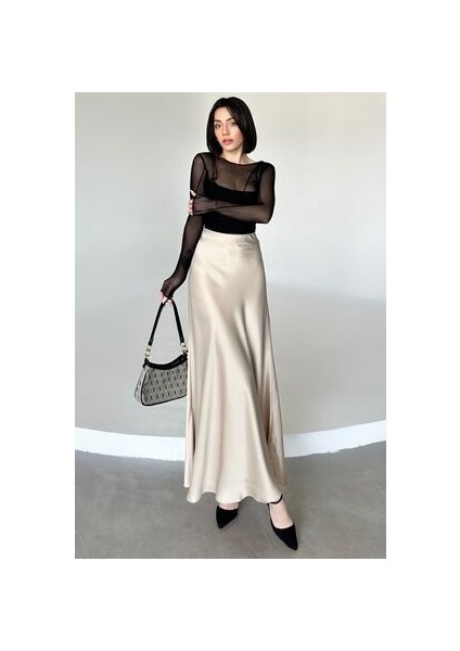 Kadın Şık Saten Kemeri Lastikli Maxi Boy A Line Etek fırsatları