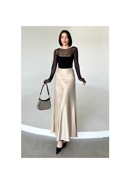 Kadın Şık Saten Kemeri Lastikli Maxi Boy A Line Etek indirimleri