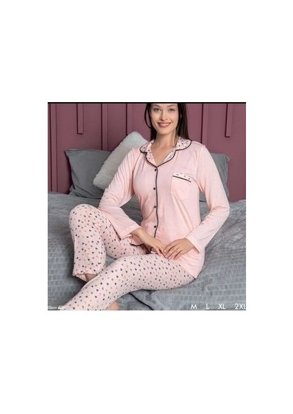 Ceket Yaka Düğmeli Kadın Pijama Takımı