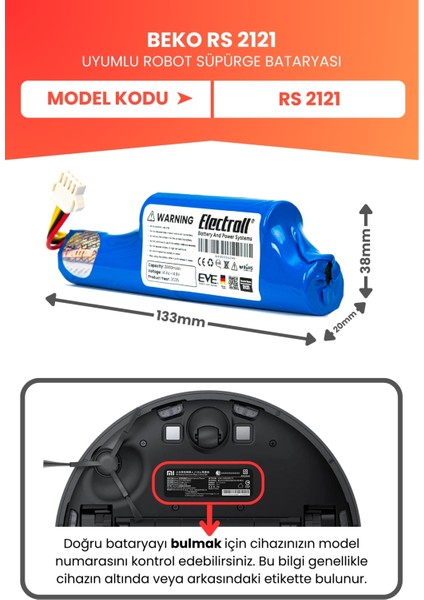 Beko Rs 2121 Uyumlu Batarya (Yüksek Kapasite) 2800MAH Pil Robot Süpürge Bataryası Değişimi fiyatları