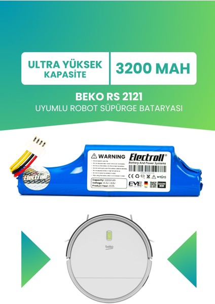 Beko Rs 2121 Uyumlu Batarya (Ultra Yüksek Kapasite) 3200MAH Pil Robot Süpürge Bataryası Değişimi