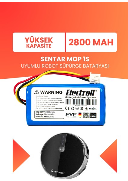Sentar Mop 1s Uyumlu Batarya (Yüksek Kapasite) 2800MAH Pil Robot Süpürge Batarya Değişimi