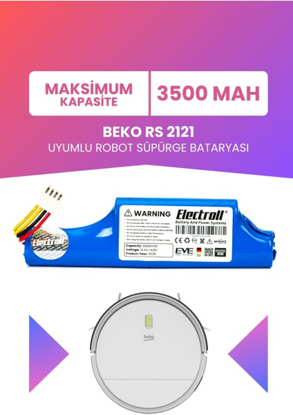Beko Rs 2121 Uyumlu Batarya (Maksimum Kapasite) 3500MAH Pil Robot Süpürge Bataryası Değişimi