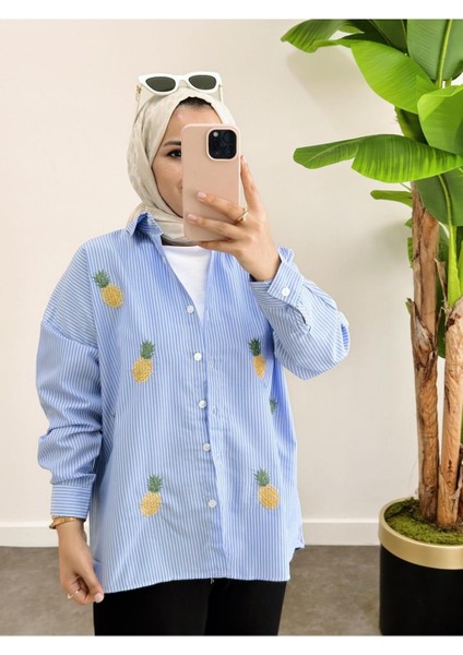 Asel Fashion Çizgili Desen Poplin Ananas Nakışlı Gömlek Mavi
