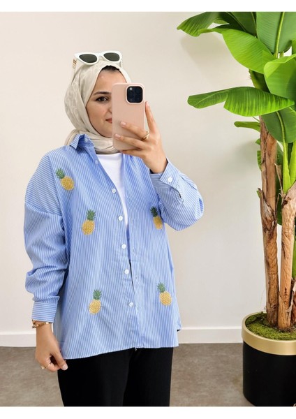 Asel Fashion Çizgili Desen Poplin Ananas Nakışlı Gömlek Mavi modelleri