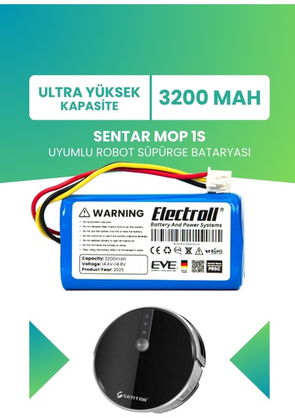 Sentar Mop 1s Uyumlu Batarya (Ultra Yüksek Kapasite) 3200MAH Pil Robot Süpürge Bataryası