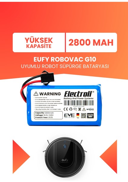 Eufy Robovac G10 Uyumlu Batarya (Yüksek Kapasite) 2800MAH Pil Robot Süpürge Batarya Değişimi