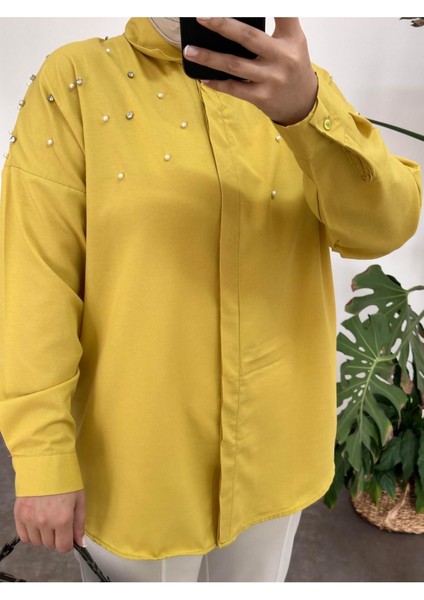 Asel Fashion Incili Taşlı Dokuma Gömlek Sarı