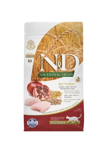 Nd Ancestral Grain Düşük Tahıllı Tavuk ve Narlı Kısırlaştırılmış Kedi Maması 1,5kg