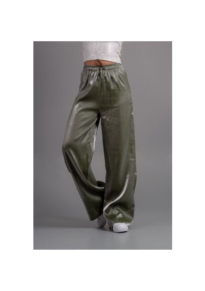 Bel Lastikli Yeşil Parlak Pantolon(Yüksek Bel)