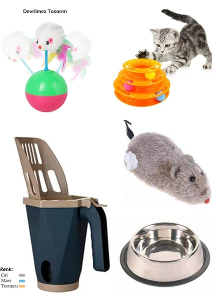 Kedi Oyun ve Çelik Mama Kabı,hazneli Kedi Kumu Küreği Seti 5 Li