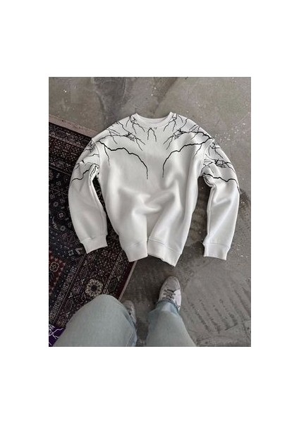 Yıldırım Baskılı Bisiklet Yaka Sweatshirt - Beyaz