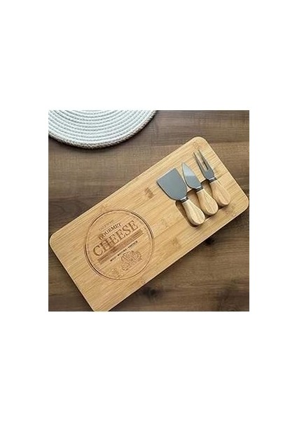 Bambu Peynir Sunum Tabağı, 3 Parça Peynir Bıçağı ve Çatalı Seti, Toplam 4 Parça, Doğal