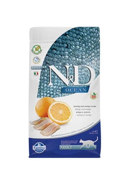 Nd Ocean Tahılsız Ringa Balıklı ve Portakallı Yetişkin Kedi Maması 1,5kg