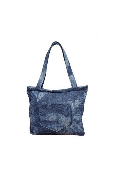 Blujin Kot Desenli Bez Tote Bag Çanta Cepli ve Fermuarlı