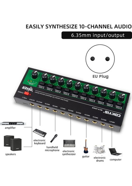 Cokyıs MIX1000 Ultra Düşük Gürültü 10 Kanal Stereo Mikser Mini Ses Ses Mikseri Küçük Kulüpler Lar Gitarlar Bas Klavyeler Için (Ab) (Yurt Dışından)