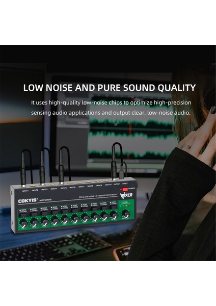 Cokyıs MIX1000 Ultra Düşük Gürültü 10 Kanal Stereo Mikser Mini Ses Ses Mikseri Küçük Kulüpler Lar Gitarlar Bas Klavyeler Için (Ab) (Yurt Dışından)